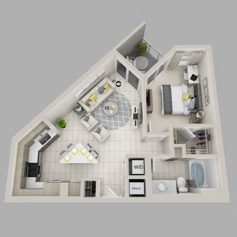 Floor plan for 1 bed, 1 bath, 729 sqft